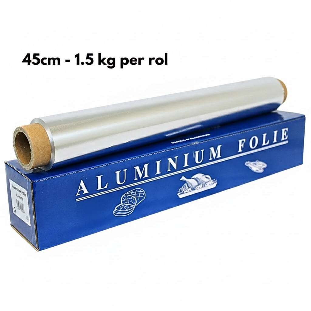 Aluminiumfolie 45 cm (14 micron) + cutterbox, extra sterk 1.6kg per rol folie