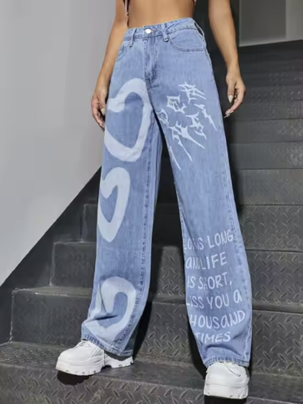 Jean en Denim personnalisé pour femmes, grande taille, imprimé en forme de cœur, taille haute, pantalon décontracté pour femmes, jambes larges