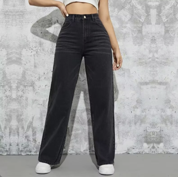 Jean taille haute pour femmes, noir délavé, décontracté, mode, jambes larges, coupe ample, poches à boutons