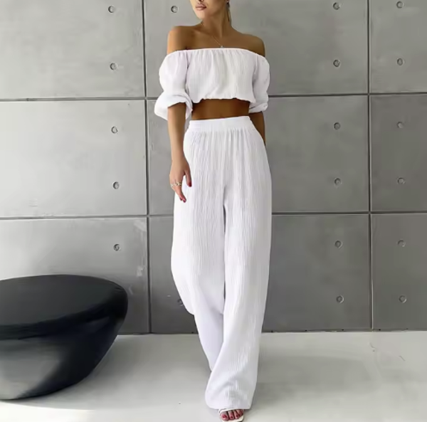Ensemble deux pièces pour femmes, haut tubulaire, épaules dénudées, pantalon à jambes larges