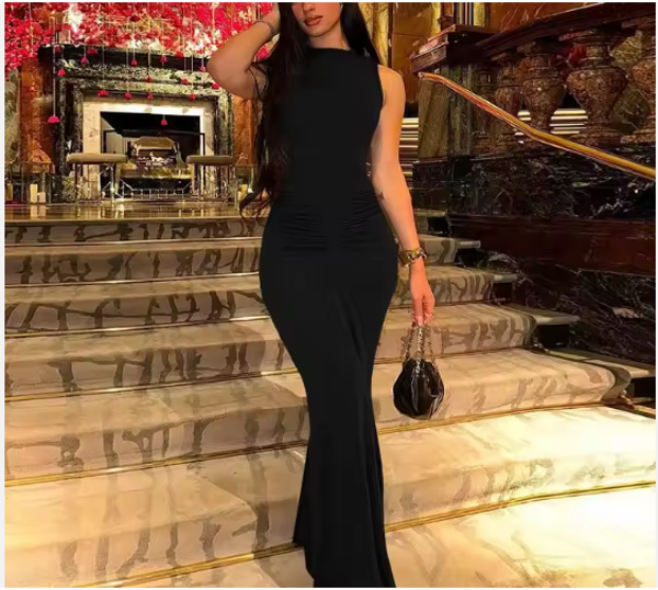 Robe longue élégante et solide pour femmes, classique, simple, sans manches