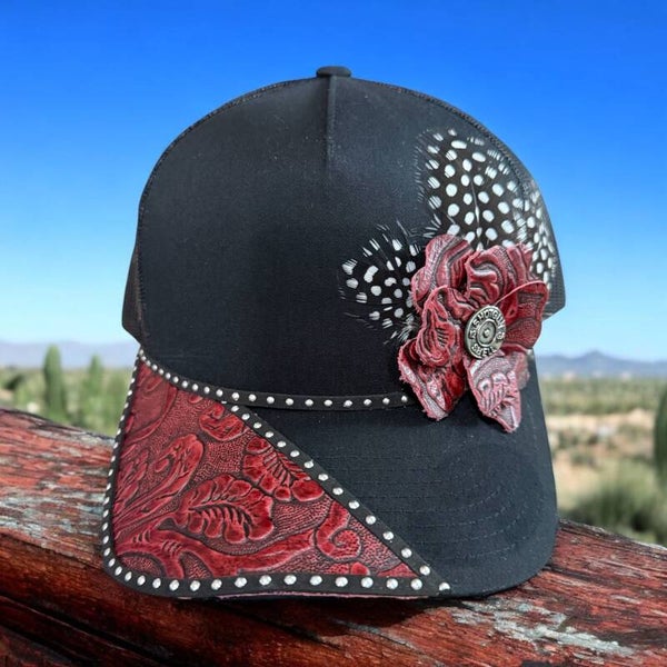 Black Cap with Dark Red leather Accents