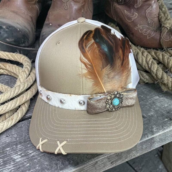 Tan and White Cap with Leather band, Feathers, and Turquoise Color Accent