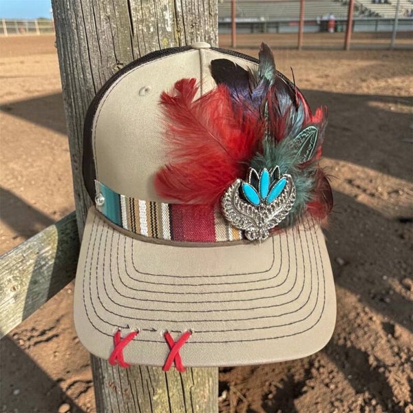 Tan and Brown Cap with a Fabric Multicolored Band, Feathers and Red and Turquoise Color Accents