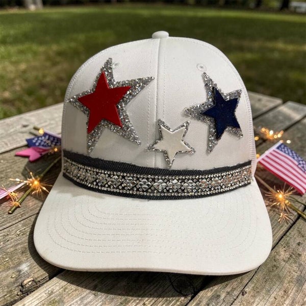 White Cap with Red, White and Blue Stars and Rhinestones