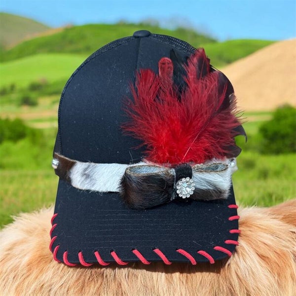 Black Cap with Cowhide, Feathers and Rhinestone accents