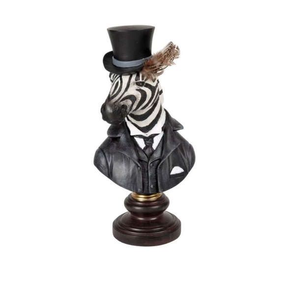Statua zebra eclettica con piume nere e cappello