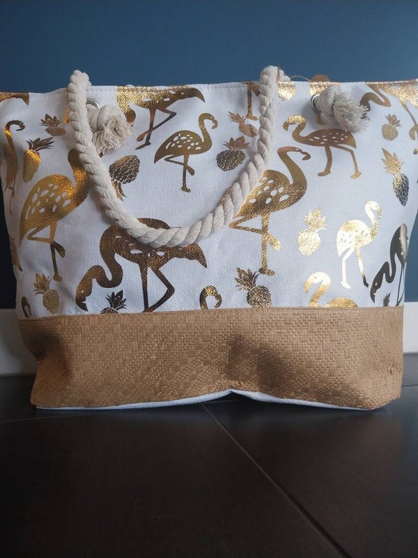Strandtas wit met gouden flamingo
