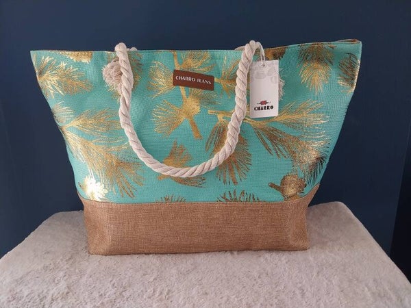 Strandtas aqua met gouden blad