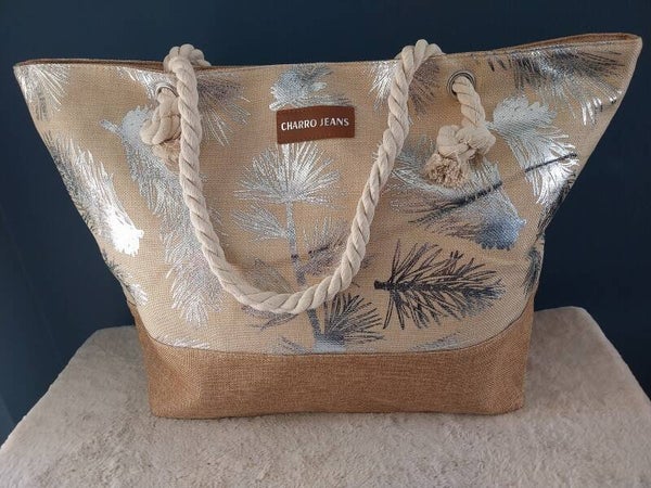 Strandtas beige met zilveren blad