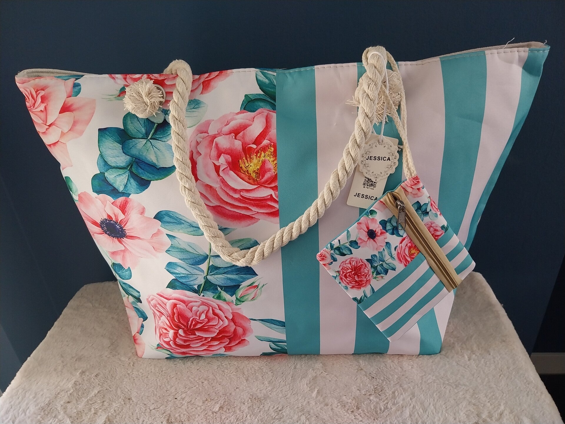 Strandtas blauw met rozen