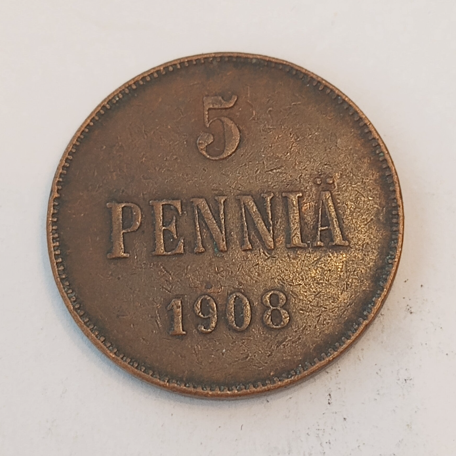 FINLAND * 5 PENNIÄ * 1908 * Copper *Cond. 1 +  *Grand Duchy / Empire Nikolaj  II