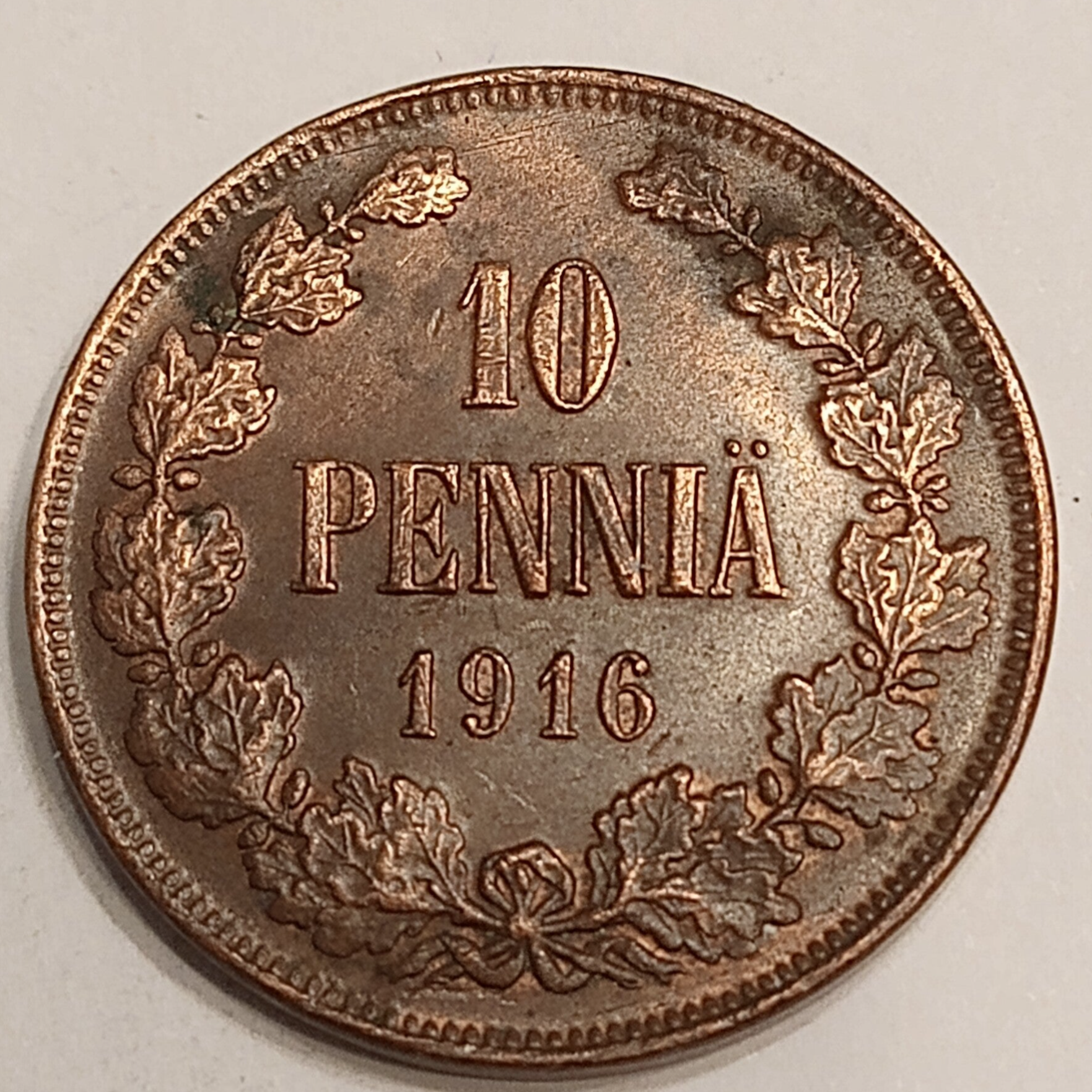 FINLAND * 10 PENNIÄ * 1916 * Copper *Cond. 1+  *Grand Duchy,Empire Nikolaj  II*