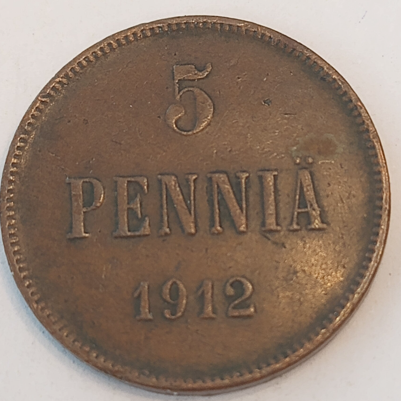 FINLAND * 5 PENNIÄ * 1912  * Copper *Cond. 1 +  *Grand Duchy / Empire Nikolaj  II