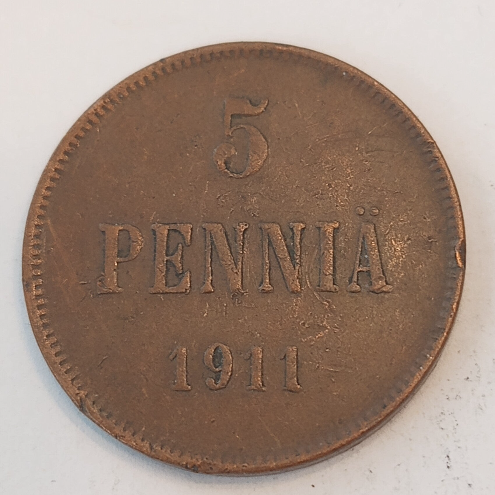 FINLAND * 5 PENNIÄ * 1911  * Copper *Cond. 1 +  *Grand Duchy / Empire Nikolaj  II