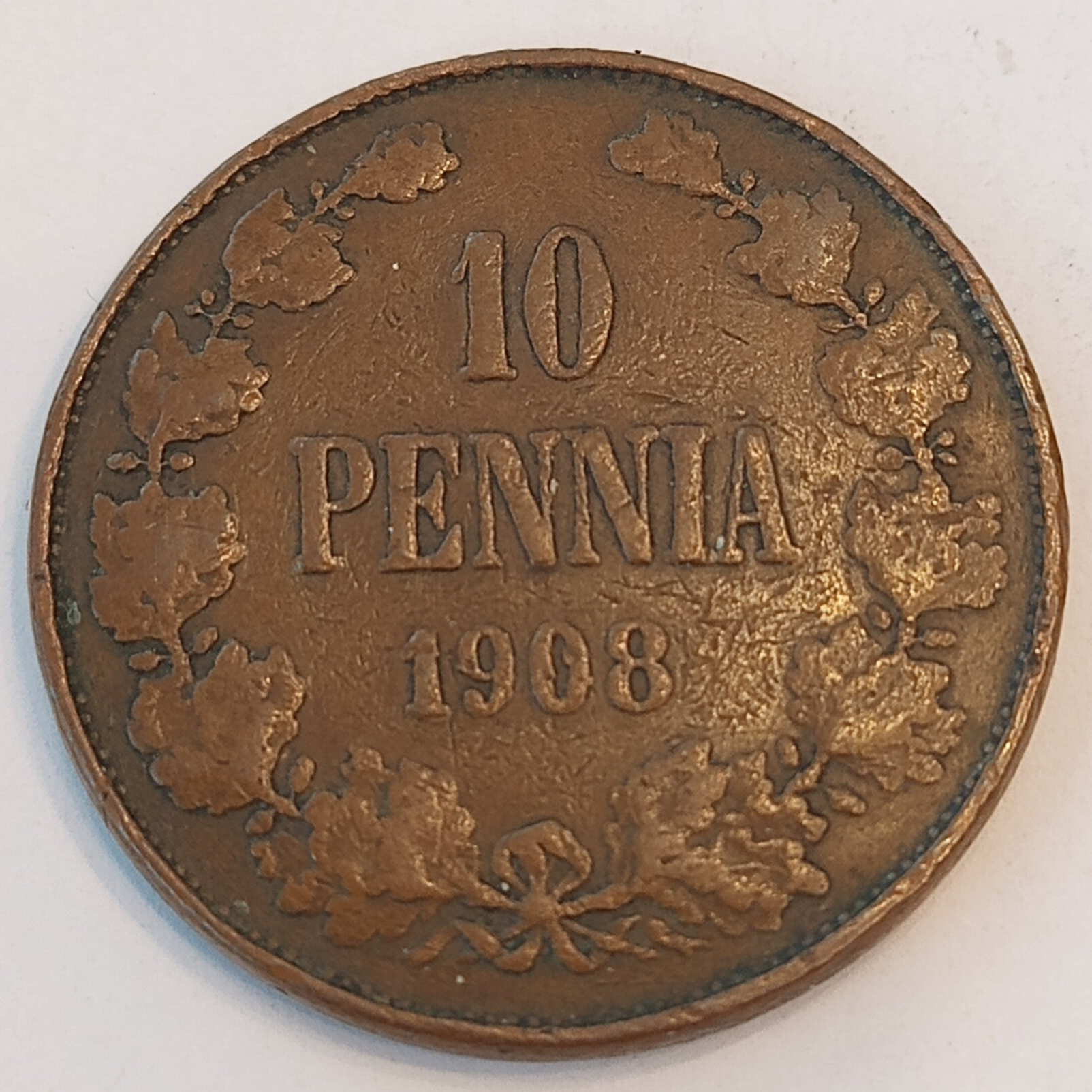 FINLAND * 10 PENNIÄ * 1908* Copper *Cond. 1+  *Grand Duchy,Empire Nikolaj  II*