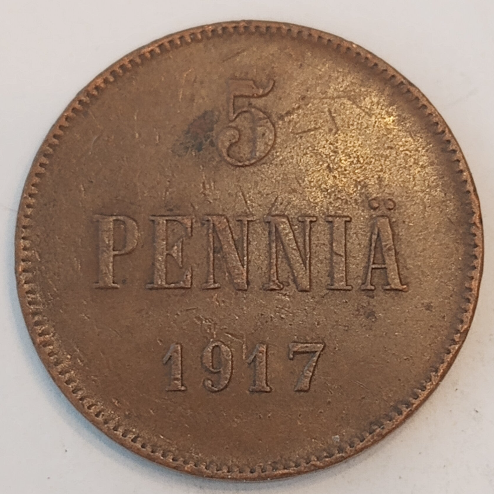FINLAND * 5 PENNIÄ * 1917* Copper *Cond. 1 +  *Grand Duchy / Empire Nikolaj  II
