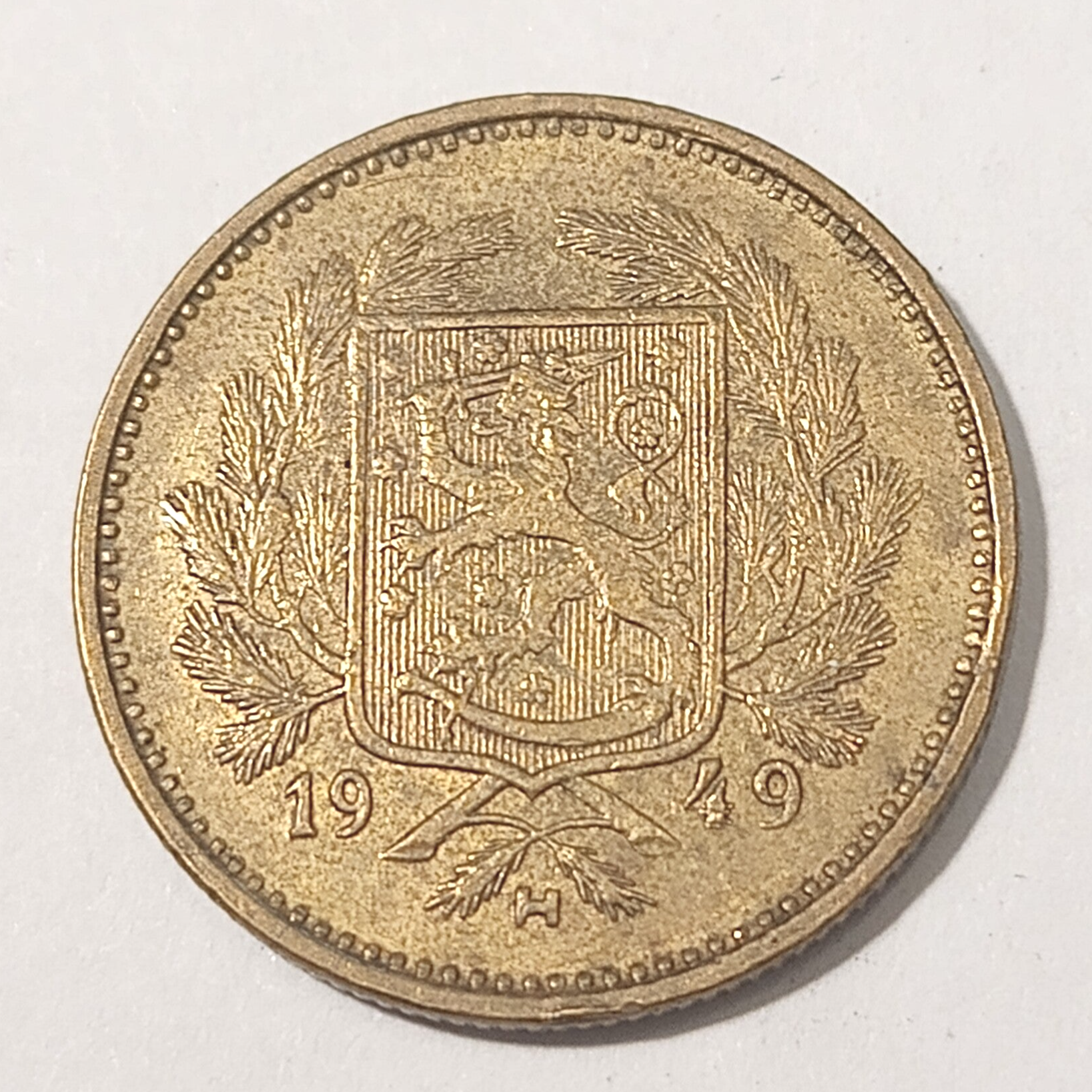FINLAND* Republic * 5 markkaa *  1949-wide H  * Brass * Cond. 1+ *RARE