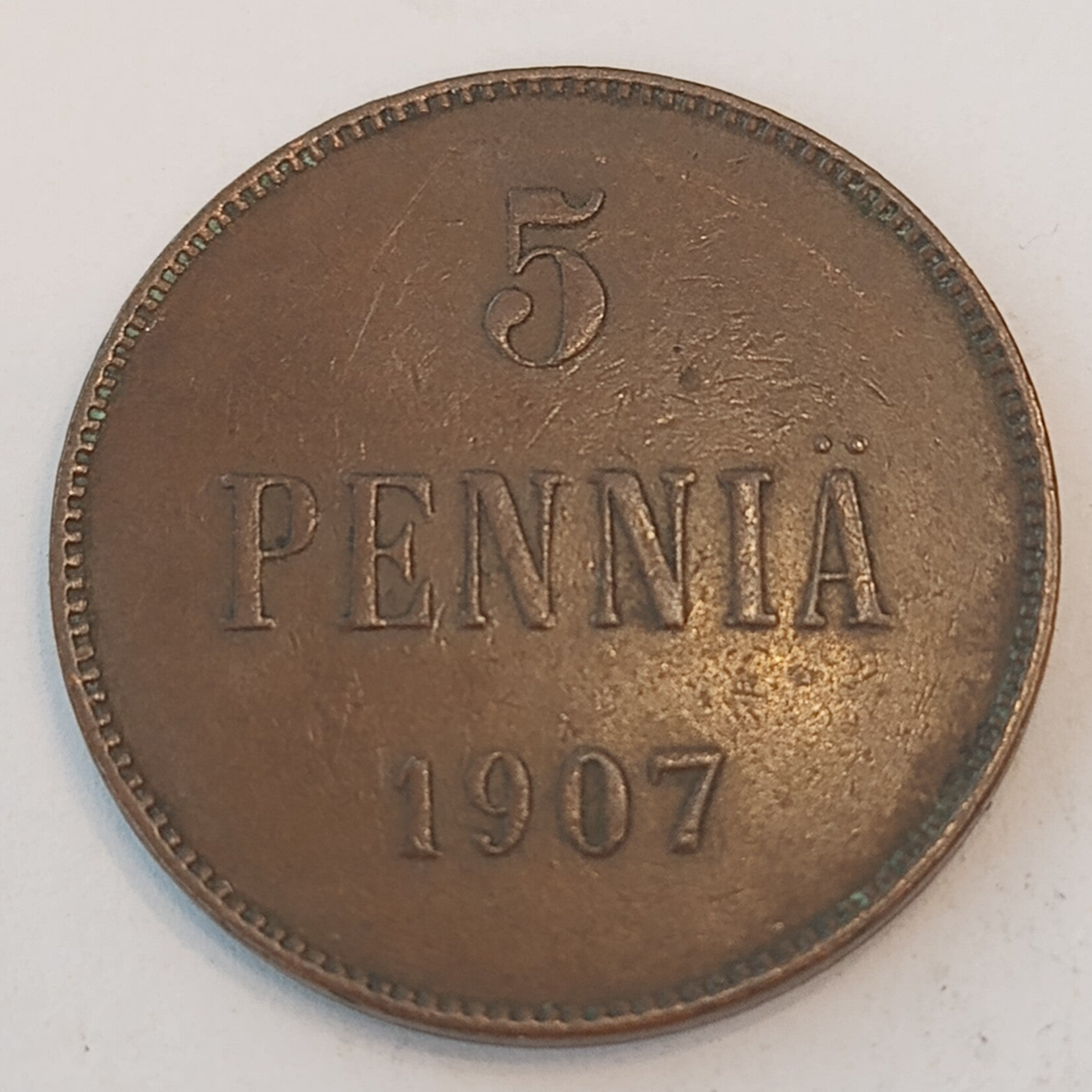 FINLAND * 5 PENNIÄ * 1907 * Copper *Cond. 1 +  *Grand Duchy / Empire Nikolaj  II