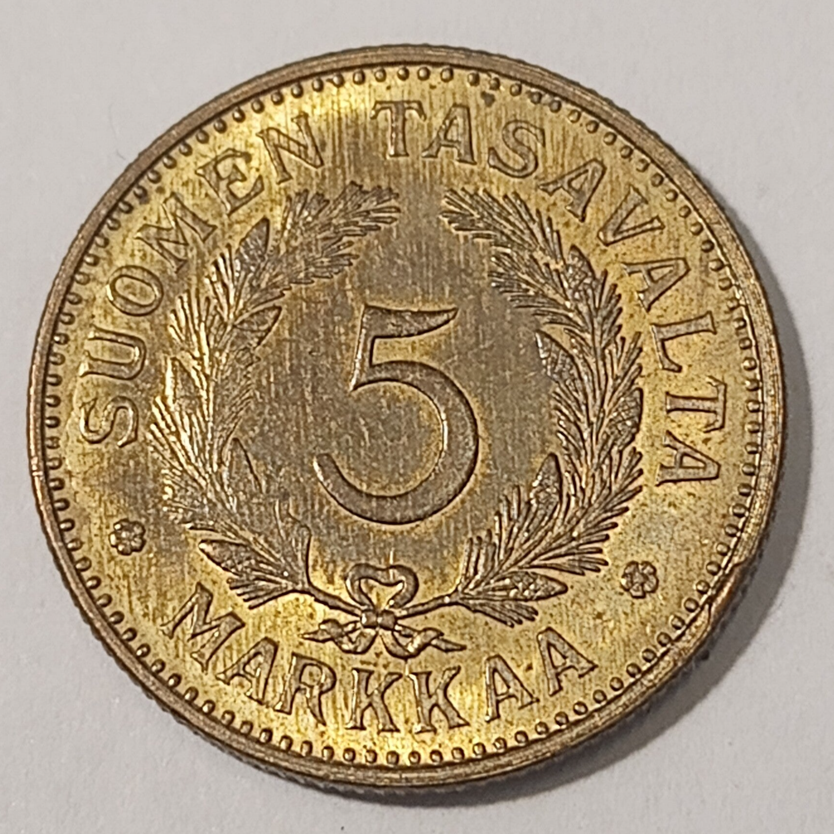 FINLAND* Republic * 5 markkaa *  1948  * Brass * Cond. 1+ *RARE