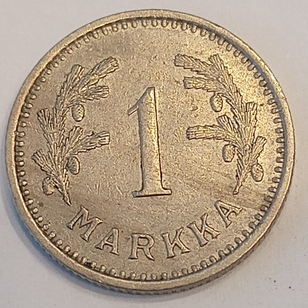 FINLAND* Republic * 1 markkaa * 1938  * Copper nickel * Cond. 1+ *
