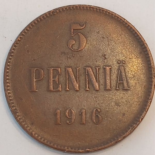 FINLAND * 5 PENNIÄ * 1916* Copper *Cond. 1 +  *Grand Duchy / Empire Nikolaj  II