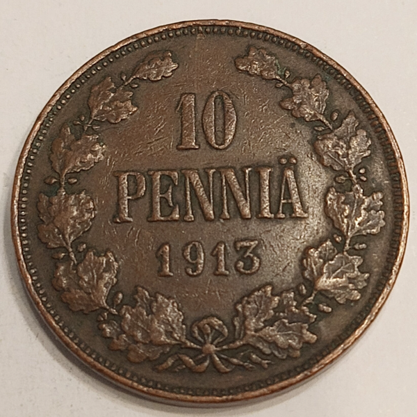 FINLAND * 10 PENNIÄ * 1913 * Copper *Cond. 1+  *Grand Duchy,Empire Nikolaj  II*VERY RARE...