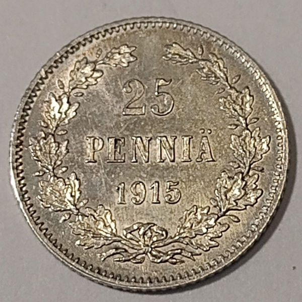 FINLAND *25 penniä  1915 * Silver *Cond.1++ *Empire Nikolaj II
