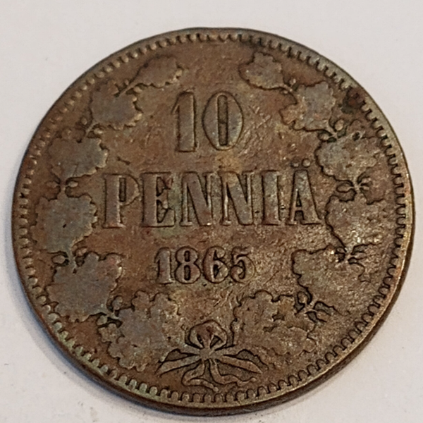 FINLAND * 10 PENNIÄ * 1865* Copper *Cond. 1/1 +  *Grand Duchy,Empire Alexander II*