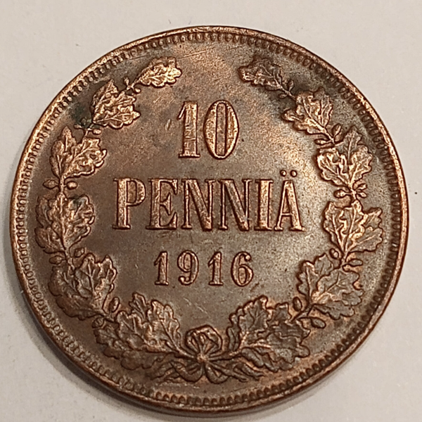 FINLAND * 10 PENNIÄ * 1916 * Copper *Cond. 1+  *Grand Duchy,Empire Nikolaj  II*