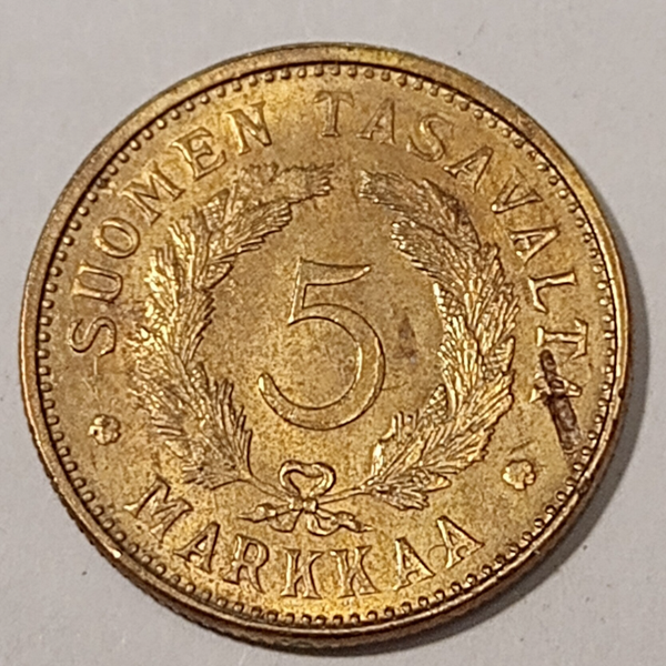 FINLAND* Republic * 5 markkaa *  1951  * Brass * Cond. 1+ *RARE