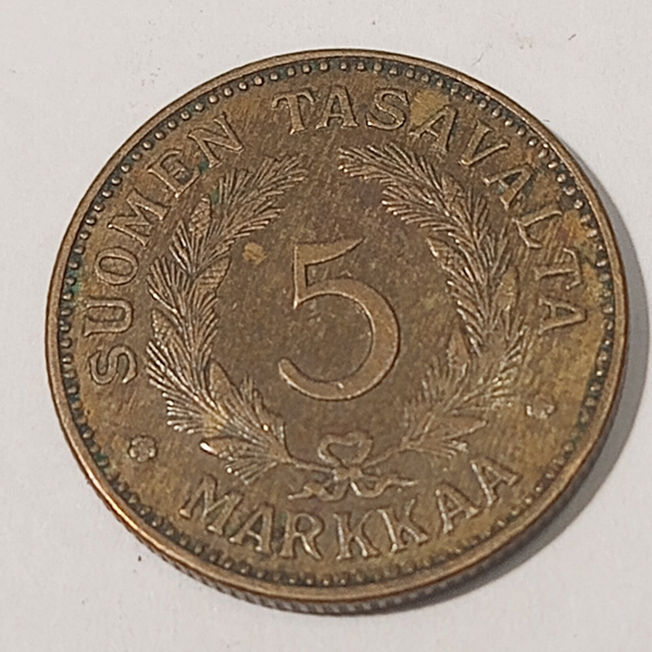 FINLAND* Republic * 5 markkaa *  1947  * Brass * Cond. 1+ *RARE