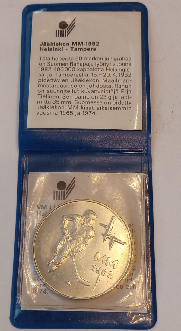 FINLAND *50 markka* Commemorative Silver Coin *1982-FINLAND -IceHockey WorldChampionship-Helsinki/Tampere