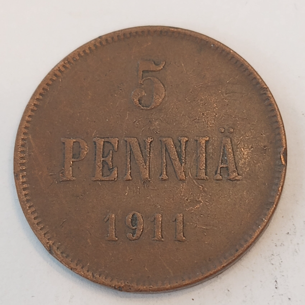 FINLAND * 5 PENNIÄ * 1911  * Copper *Cond. 1 +  *Grand Duchy / Empire Nikolaj  II