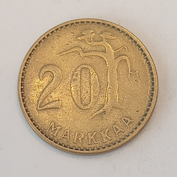 FINLAND* Republic * 20 markkaa *  1954-typ.1   * Aluminium bronze * Cond. 1+ *
