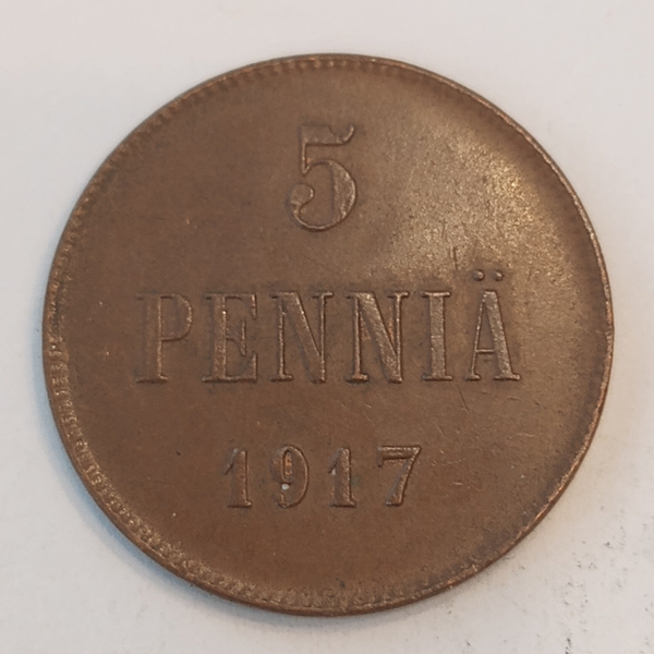 FINLAND * 5 PENNIÄ * 1917* Copper *Cond. 1 +  *People´s Commissariat *