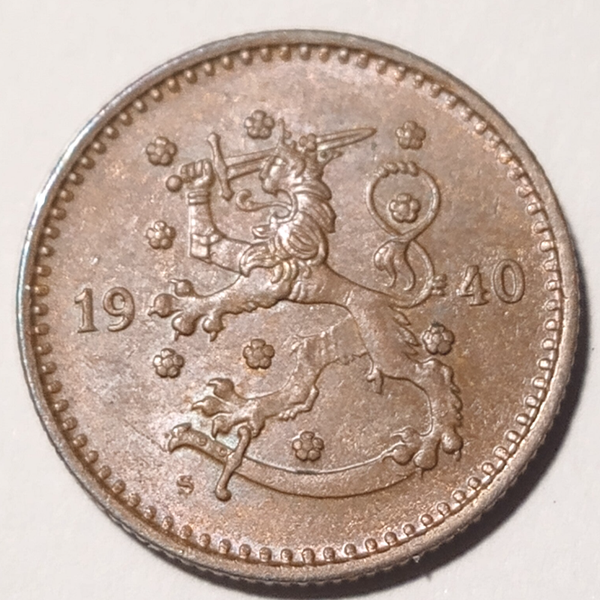 FINLAND* Republic * 1 markkaa * 1940  * Copper  * Cond. 1+ *Winter War Year