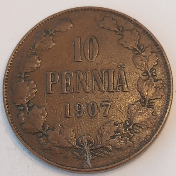 FINLAND * 10 PENNIÄ * 1907* Copper *Cond. 1+  *Grand Duchy,Empire Nikolaj  II*