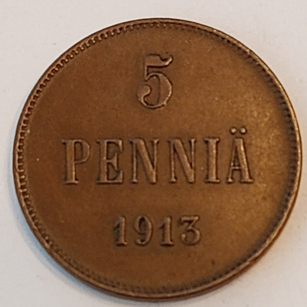 FINLAND * 5 PENNIÄ * 1913  * Copper *Cond. 1 +  *Grand Duchy / Empire Nikolaj  II