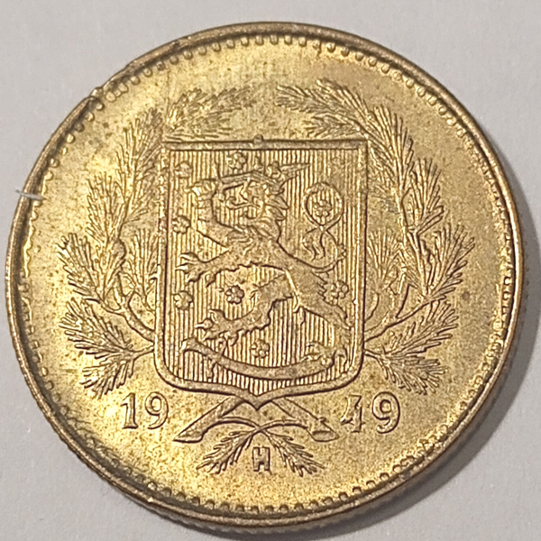 FINLAND* Republic * 5 markkaa *  1949-narrow H  * Brass * Cond. 1+ *RARE