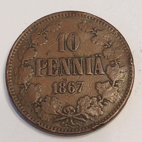 FINLAND * 10 PENNIÄ * 1867* Copper *Cond. 1/1 +  *Grand Duchy,Empire Alexander II*