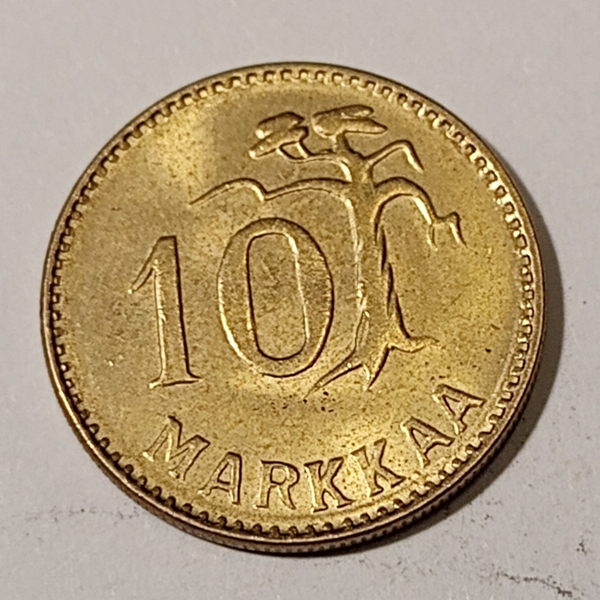 FINLAND* Republic * 10 markkaa *  1954    * Aluminium bronze * Cond. 1+++*stamped glans