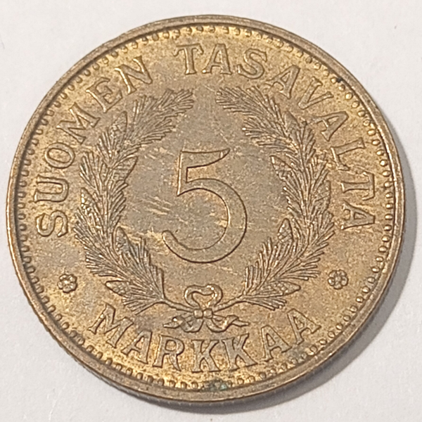 FINLAND* Republic * 5 markkaa *  1950  * Brass * Cond. 1+ *RARE