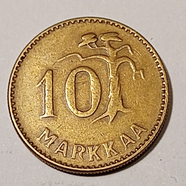 FINLAND* Republic * 10 markkaa *  1958 narrow 1    * Aluminium bronze * Cond. 1+