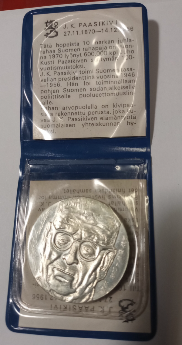 FINLAND *10 markka*   Commemorative Silver Coin *1970-President Paasikivi -100 year Memory coin *