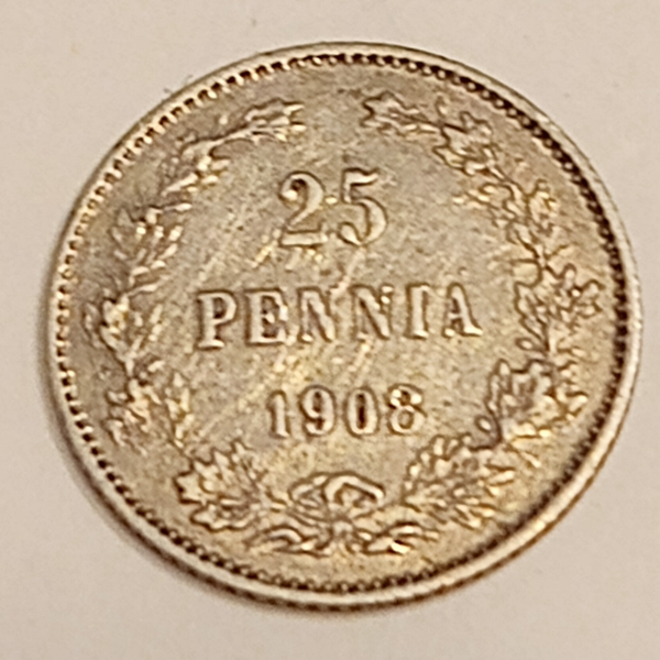 FINLAND *25 penniä  1908 * Silver *Cond.1+ *Empire Nikolaj II