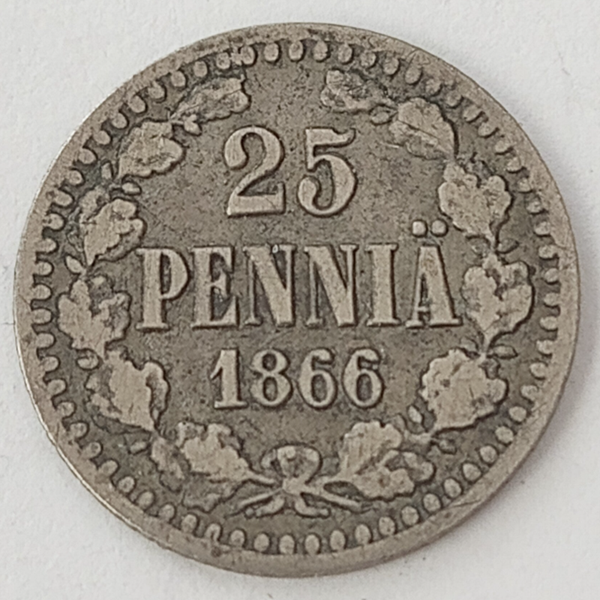 FINLAND *25 penniä  1866  * Silver   * Cond. 1+ / 1 ? *   Empire Alexander II *