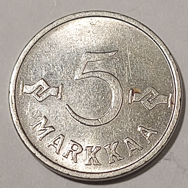 FINLAND* Republic * 5 markkaa *  1957  *Nickel plated Iron* Cond. 1+ *