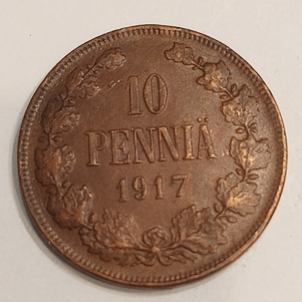 FINLAND * 10 PENNIÄ * 1917 * Copper *Cond. 1+ *Provisional Goverment*Kerensky