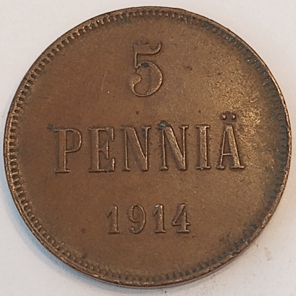 FINLAND * 5 PENNIÄ * 1914* Copper *Cond. 1 +  *Grand Duchy / Empire Nikolaj  II